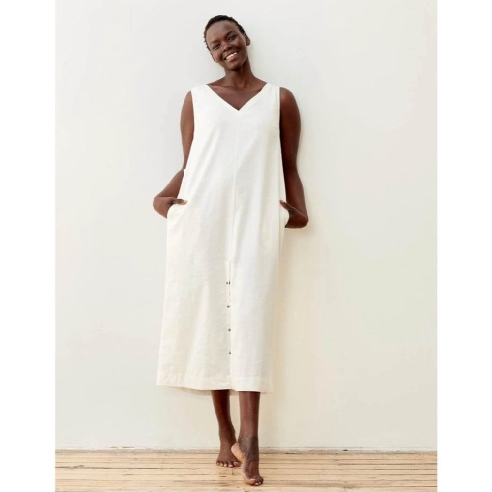 ADAY Free Float Linen Minimalist Oversized Midi Dress V-neck Pockets Snap Button
